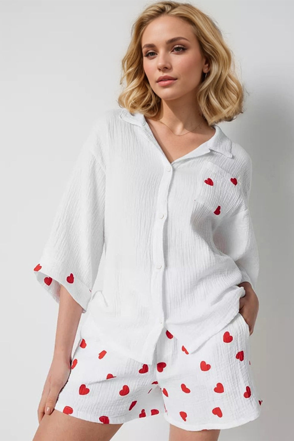 Heart Collared Neck Button Down Top and Shorts Set