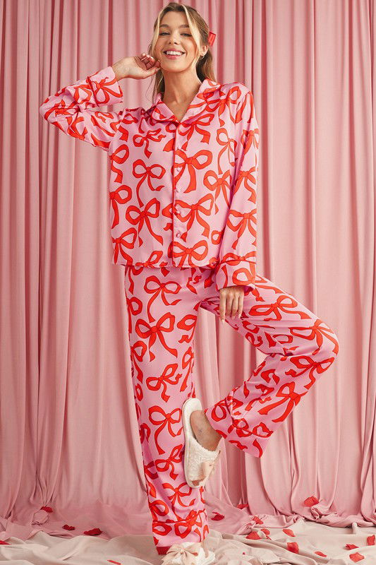 Bow Button Up and Loose Pants Pajama Set -  - The Queens Hanger Boutique -