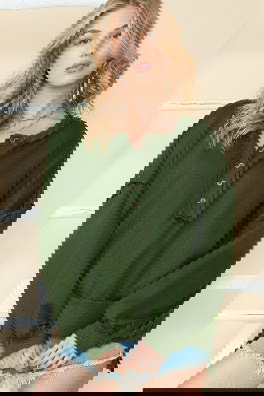 Cotton Slouchy Henley Sweatshirt -  - The Queens Hanger Boutique -