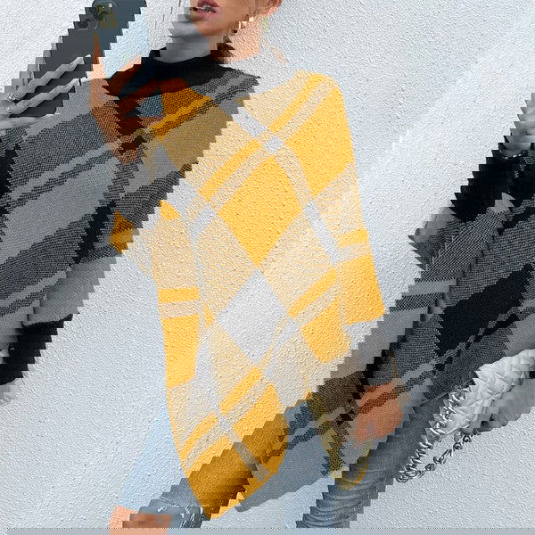 Fall Favorite Yellow Mock Neck Plaid Knit Poncho -  - The Queens Hanger Boutique -