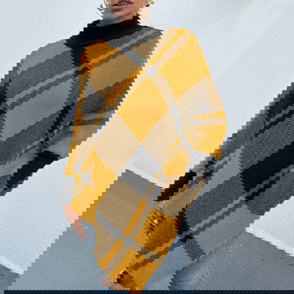 Fall Favorite Yellow Mock Neck Plaid Knit Poncho -  - The Queens Hanger Boutique -