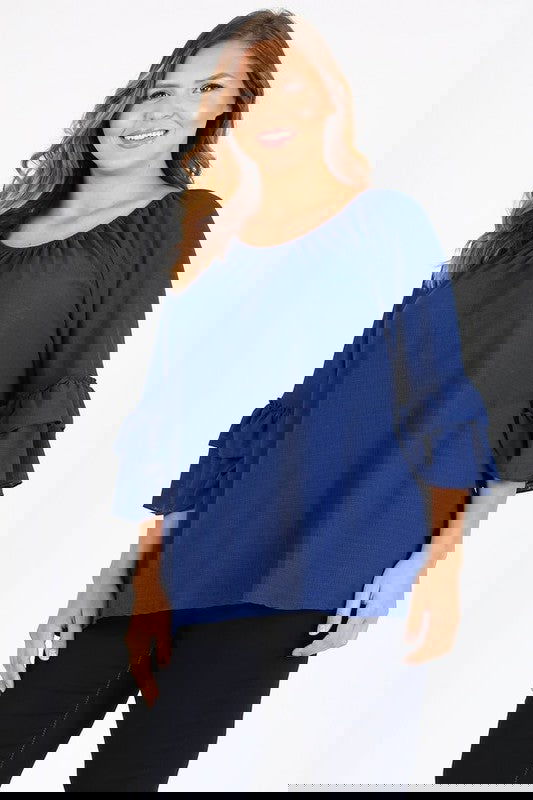 Knit 3/4 Sleeve Double Layer Ruffle Sleeve Top - The Queens Hanger Boutique