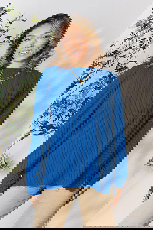 Ribbed Round Neck Slit Knit Top Assorted Colors S-3XL - The Queens Hanger Boutique