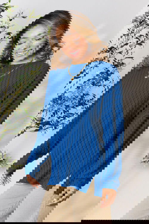 Ribbed Round Neck Slit Knit Top Assorted Colors S-3XL - The Queens Hanger Boutique