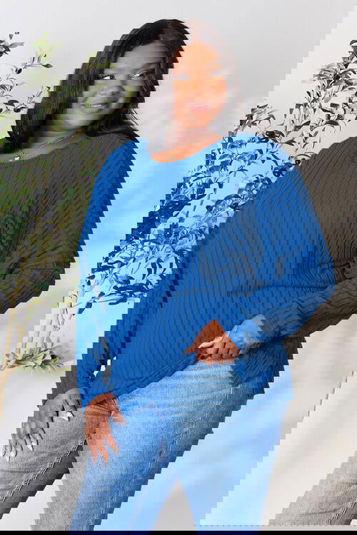 Ribbed Round Neck Slit Knit Top Assorted Colors S-3XL - The Queens Hanger Boutique