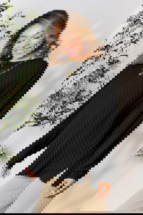 Ribbed Round Neck Slit Knit Top Assorted Colors S-3XL - The Queens Hanger Boutique