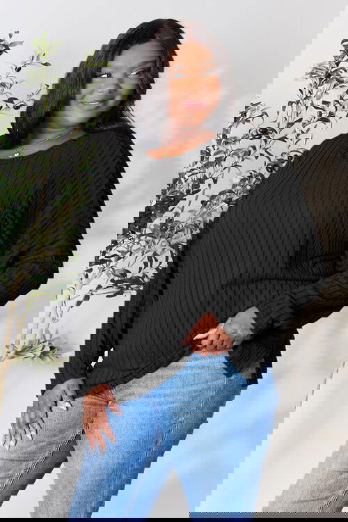 Ribbed Round Neck Slit Knit Top Assorted Colors S-3XL - The Queens Hanger Boutique