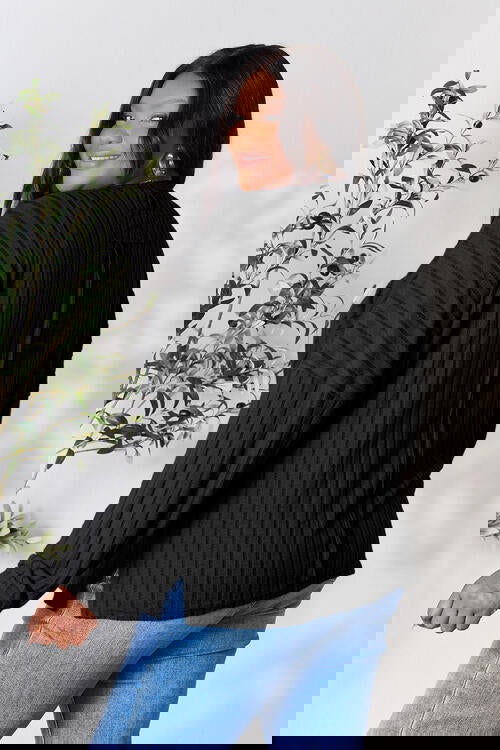 Ribbed Round Neck Slit Knit Top Assorted Colors S-3XL - The Queens Hanger Boutique