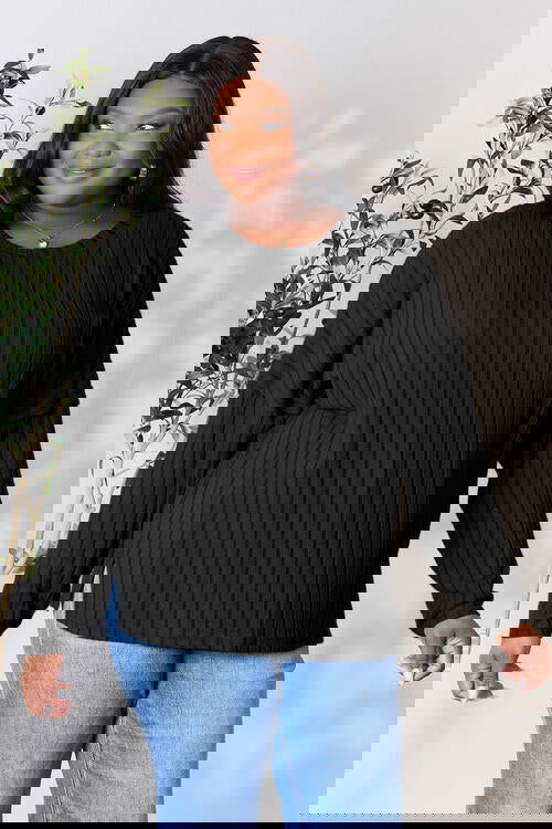 Ribbed Round Neck Slit Knit Top Assorted Colors S-3XL - The Queens Hanger Boutique