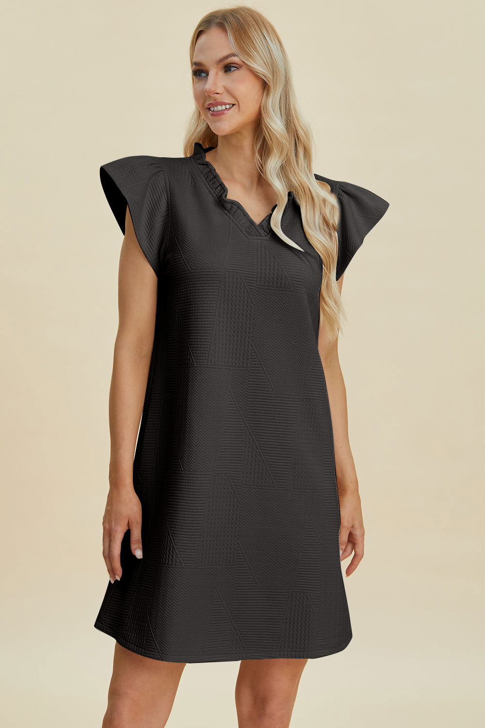 Ruffled V-Neck Cap Sleeve Black Dress -  - The Queens Hanger Boutique -