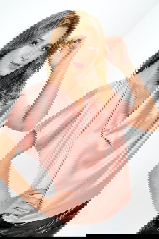 Satin Cowl Neck Short Sleeve Top Beige - The Queens Hanger Boutique