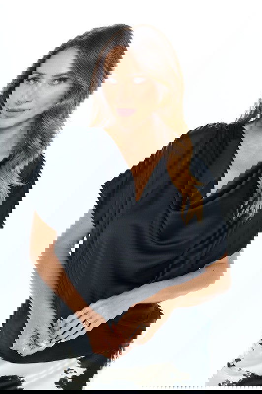 Satin Cowl Neck Short Sleeve Top Black - The Queens Hanger Boutique