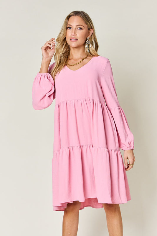 V-Neck Balloon Sleeve Tiered Dress - The Queens Hanger Boutique