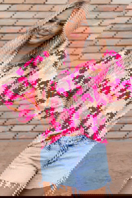 Women Floral Print Puff Sleeve Buttoned Blouse -  - The Queens Hanger Boutique -