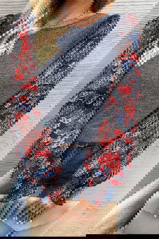 Women Ruffle Tiered Floral Sleeve Crew Neck Blouse -  - The Queens Hanger Boutique -