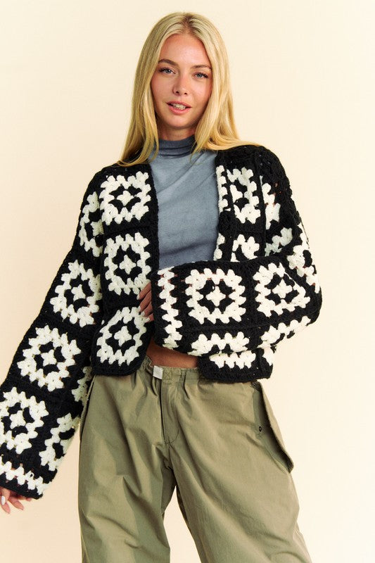 Two Tone Flower Square Crochet Open Front Cardigan