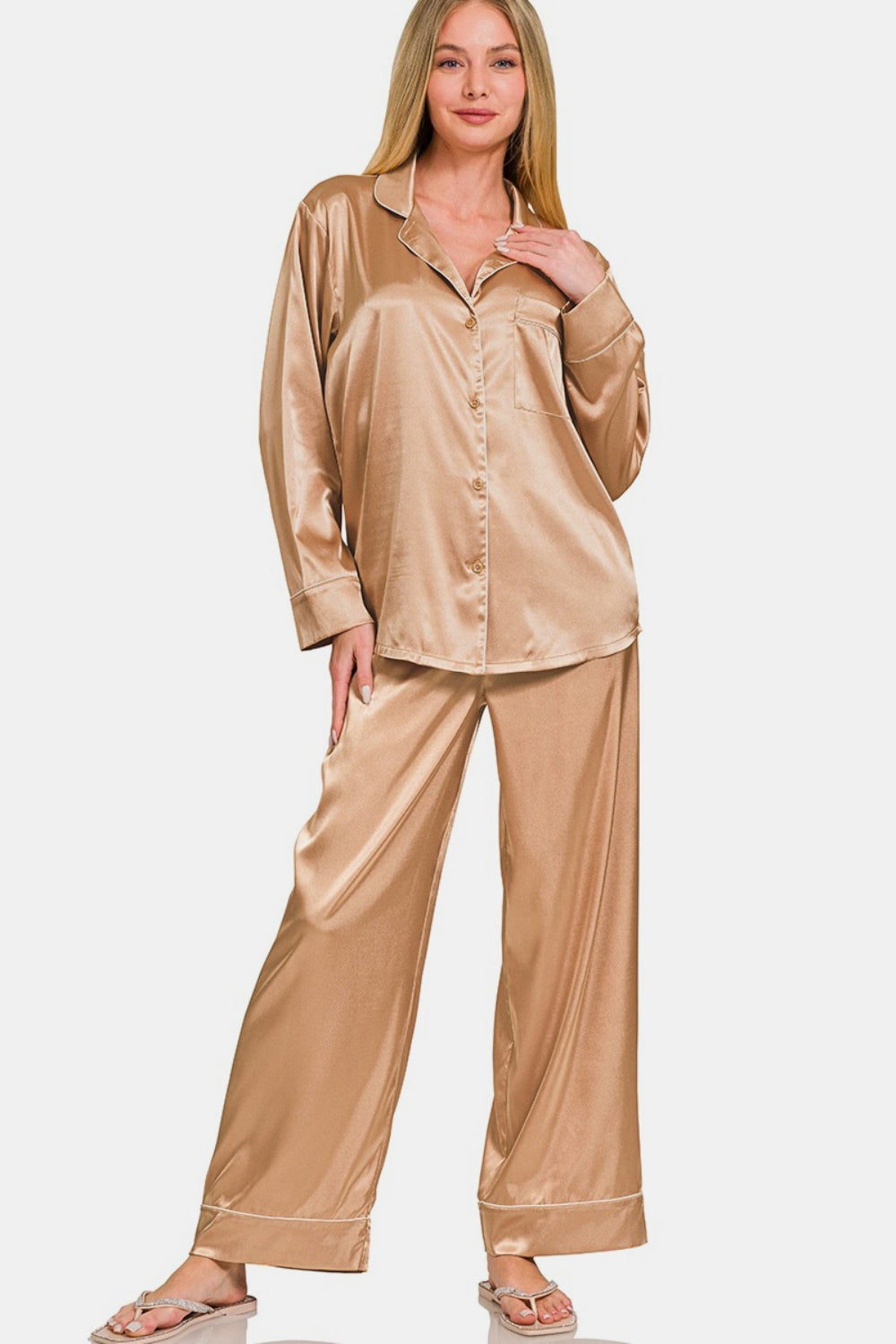 Satin Long Sleeve Shirt and Pants Pajama Set