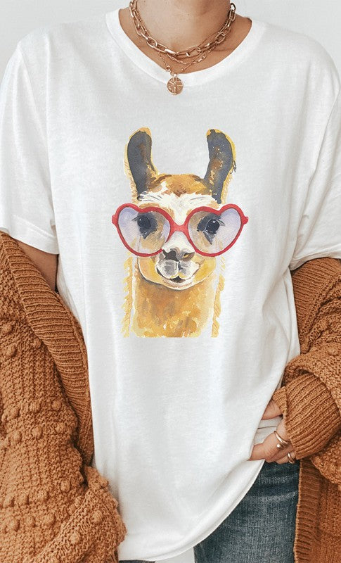 Watercolor Llama Heart Glasses Graphic Tee